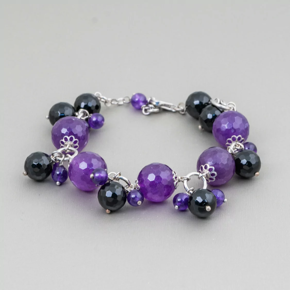 Bracciale Di Argento 925 Giada Coreana Viola E Onice Sfaccettato Con Coppette Fiore 19cm + 3,5 cm-BRACCIALI DI ARGENTO 925 | Worldofjewel.com