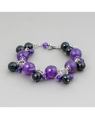 Bracciale Di Argento 925 Giada Coreana Viola E Onice Sfaccettato Con Coppette Fiore 19cm + 3,5 cm-BRACCIALI DI ARGENTO 925 | Worldofjewel.com