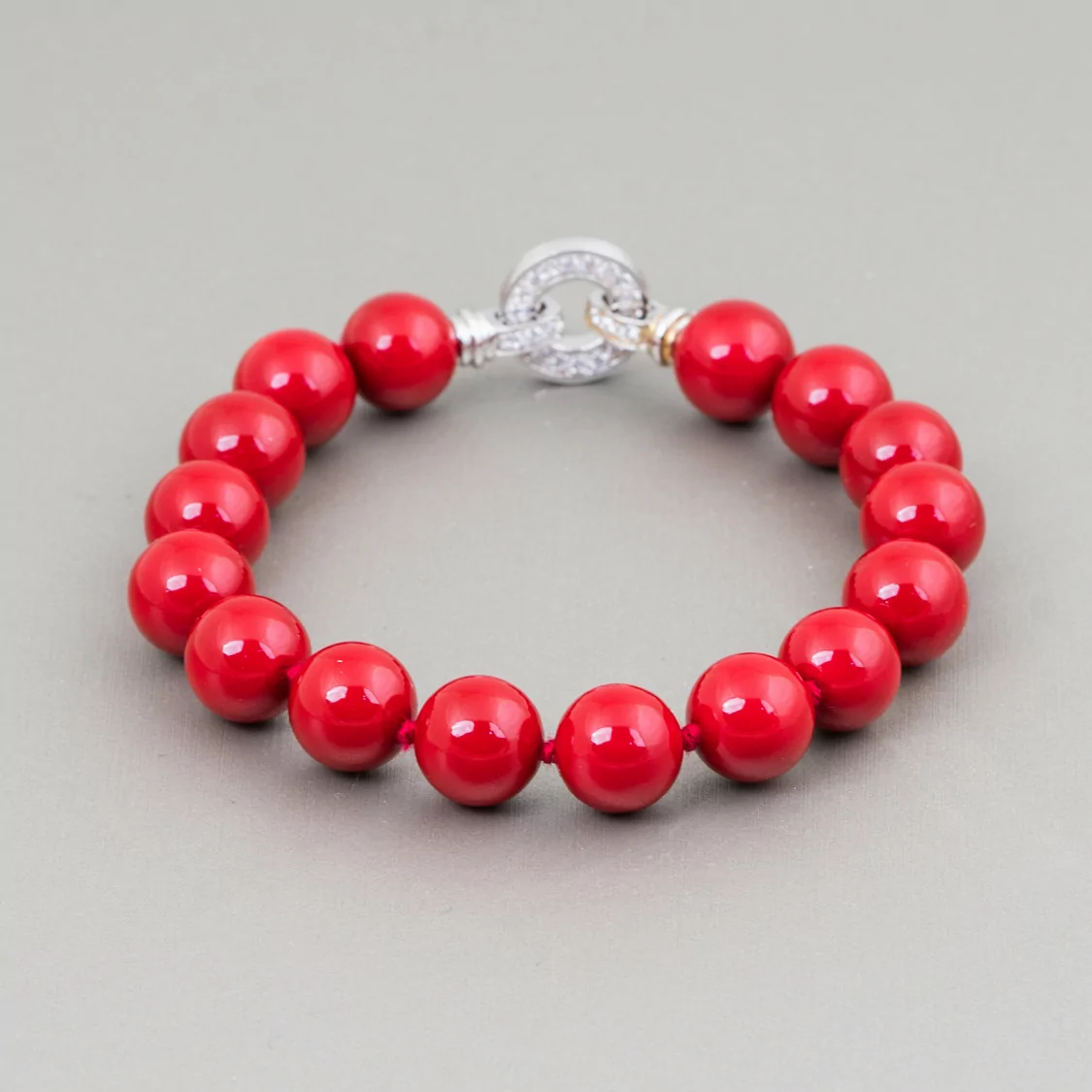 Bracciale Di Argento 925 Perle Di Maiorca Rosso 10mm E Chiusura Con Zirconi 20cm-BRACCIALI DI ARGENTO 925 | Worldofjewel.com