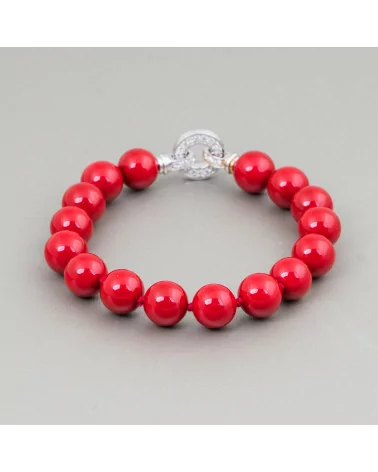 Bracciale Di Argento 925 Perle Di Maiorca Rosso 10mm E Chiusura Con Zirconi 20cm-BRACCIALI DI ARGENTO 925 | Worldofjewel.com