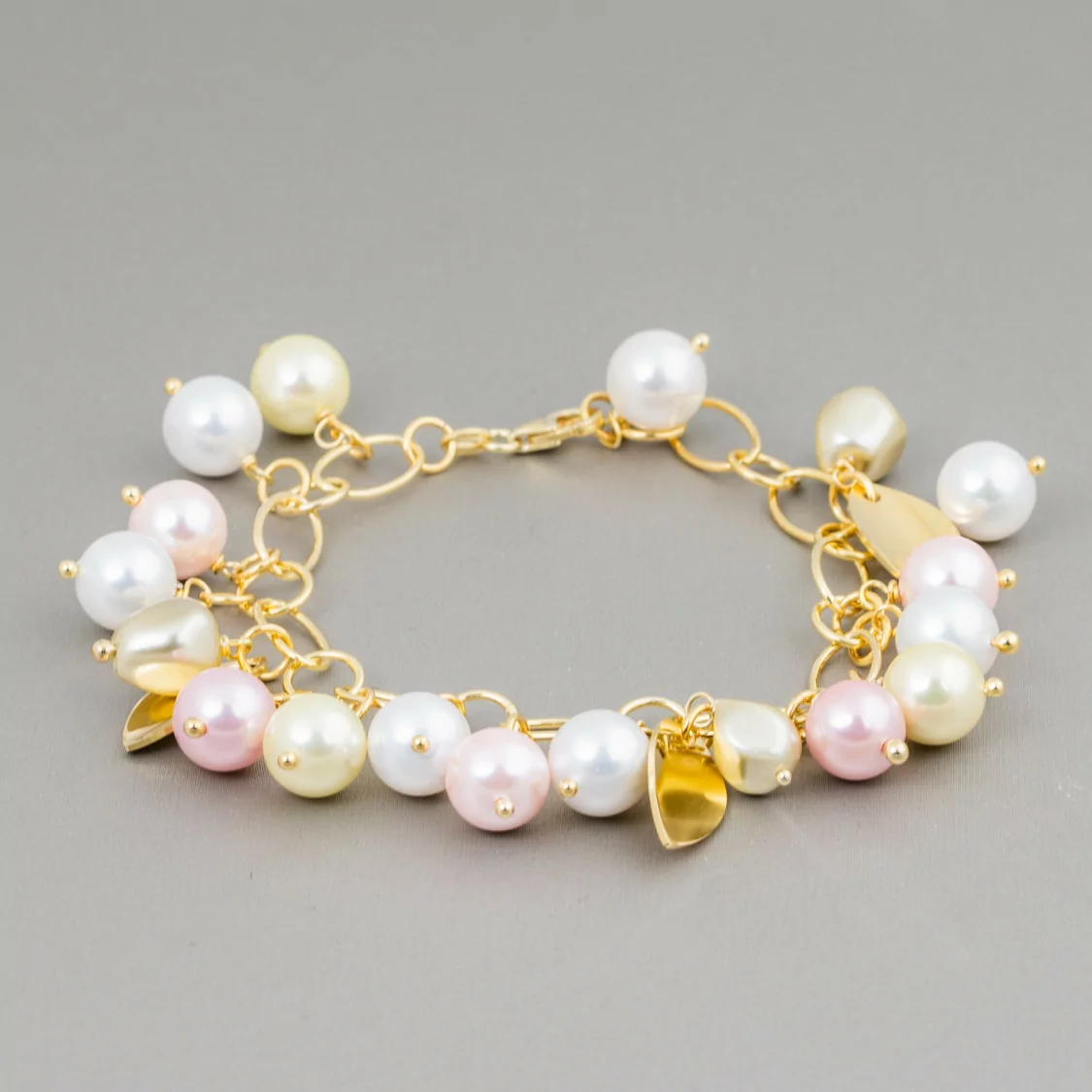 Bracciale Di Argento 925 Placcato Oro Con Catena E Foglie Satinate Di Perle Di Maiorca Rosa Bianco Giallo 20cm-BRACCIALI DI ARGENTO 925 | Worldofjewel.com