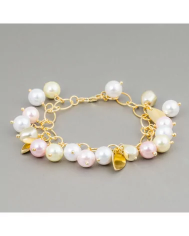 Bracciale Di Argento 925 Placcato Oro Con Catena E Foglie Satinate Di Perle Di Maiorca Rosa Bianco Giallo 20cm-BRACCIALI DI ARGENTO 925 | Worldofjewel.com