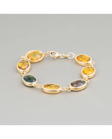 Bracciale Di Argento 925 Placcato Oro Con Zirconi Incastonati Ovali Multicolor 19cm-BRACCIALI DI ARGENTO 925 | Worldofjewel.com