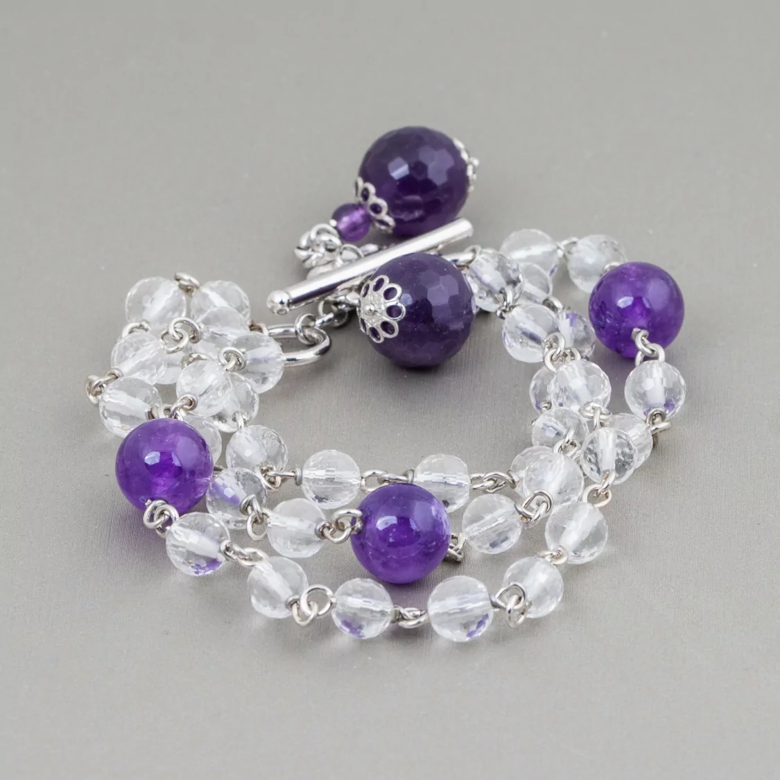 Bracciale Di Argento 925 Rosario Con Cristallo Di Rocca Sfacettato E Giada Viola Con Chiusura E Pendente-BRACCIALI DI ARGENTO 925 | Worldofjewel.com