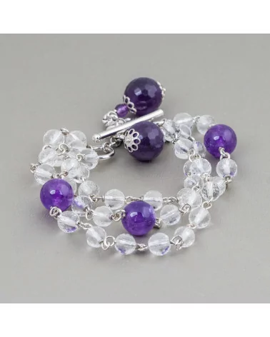 Bracciale Di Argento 925 Rosario Con Cristallo Di Rocca Sfacettato E Giada Viola Con Chiusura E Pendente-BRACCIALI DI ARGENTO 925 | Worldofjewel.com