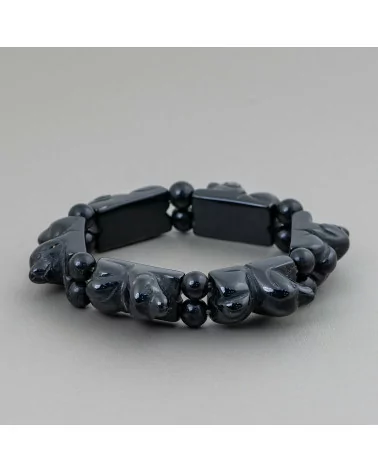 Bracciale Di Pietre Dure Inciso A Mano Cagnolino 16x25mm Agata Nera-BRACCIALI DI PIETRE DURE | Worldofjewel.com