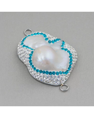 Componente Cabochon Di Perle Di Fiume Barocche Con Strass E Ottone Forma Irregolare 30x48mm 1pz Bianco E Azzurro-COMPONENTI DI PIETRE DURE | Worldofjewel.com