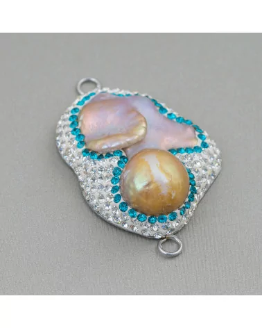 Componente Cabochon Di Perle Di Fiume Barocche Con Strass E Ottone Forma Irregolare 30x48mm 1pz Bianco E Azzurro Con Perle Lill-COMPONENTI DI PIETRE DURE | Worldofjewel.com