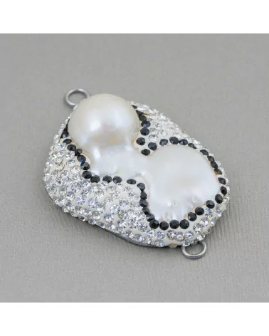 Componente Cabochon Di Perle Di Fiume Barocche Con Strass E Ottone Forma Irregolare 30x48mm 1pz Bianco E Nero-COMPONENTI DI PIETRE DURE | Worldofjewel.com