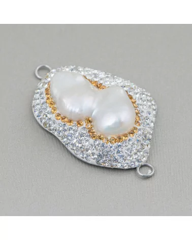 Componente Cabochon Di Perle Di Fiume Barocche Con Strass E Ottone Forma Irregolare 30x48mm 1pz Bianco E Oro-COMPONENTI DI PIETRE DURE | Worldofjewel.com