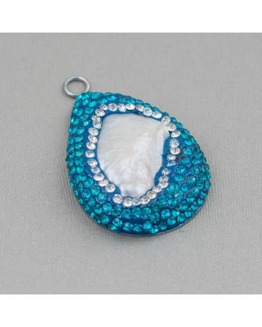 Componente Cabochon Di Perle Di Fiume Barocche Con Strass E Ottone Forma Irregolare 30x48mm 1pz Blu E Bianco-COMPONENTI DI PIETRE DURE | Worldofjewel.com