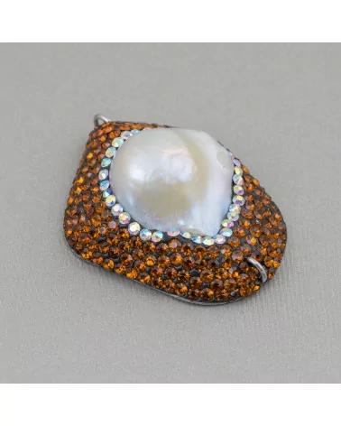 Componente Cabochon Di Perle Di Fiume Barocche Con Strass E Ottone Forma Irregolare 30x48mm 1pz Marrone E Bianco-COMPONENTI DI PIETRE DURE | Worldofjewel.com