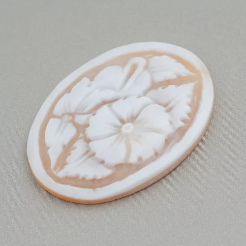 Hand Engraved Cameo Made in Italy of Sardonyx Shell Flowers Oval 30x40mm 1pc Mod1