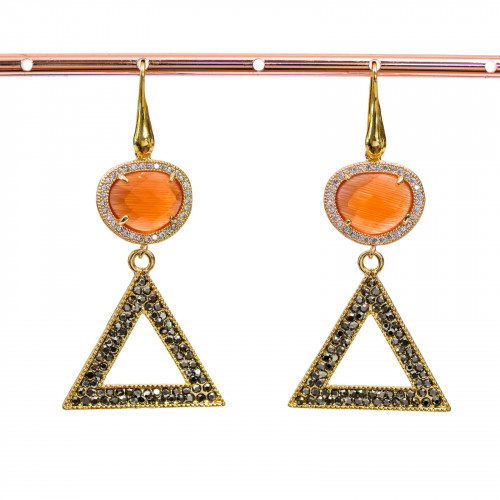 925 Silver Earrings With Cat's Eye And Bronze With Marcasite Rhinestones 28x60mm Orange