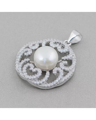 Ciondolo Pendente Di Argento 925 Astratto Tondo Con Zirconi E Perle Di Fiume 25x32mm-ARGENTO 925 DESIGN ITALY | Worldofjewel.com