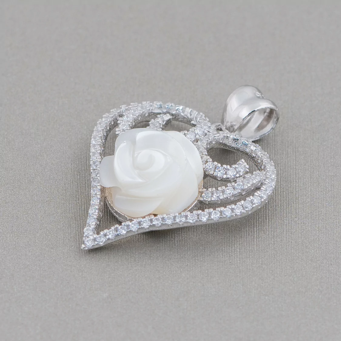 Ciondolo Pendente Di Argento 925 Cuore Con Zirconi E Madreperla Fiore 21x28mm-ARGENTO 925 DESIGN ITALY | Worldofjewel.com