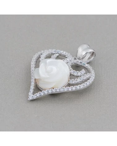 Ciondolo Pendente Di Argento 925 Cuore Con Zirconi E Madreperla Fiore 21x28mm-ARGENTO 925 DESIGN ITALY | Worldofjewel.com