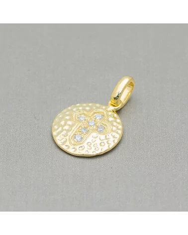 Ciondolo Pendenti Di Argento 925 Coin Battuto 14mm Con Zirconi Incastonati A Croce 6pz Placcato Oro-ARGENTO 925 DESIGN ITALY | Worldofjewel.com