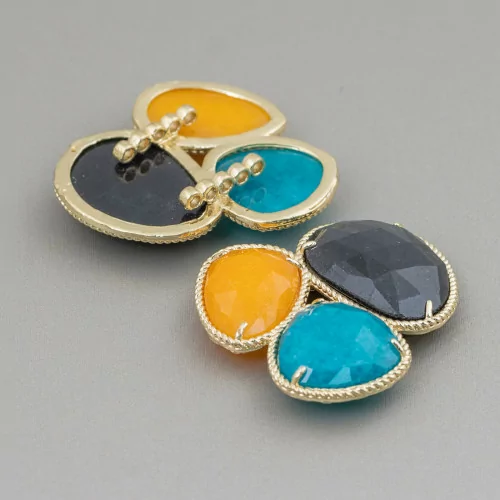 3-Piece Semi-precious Stone Central Component With Brass Base 42x45mm Golden Black, Teal, Yellow