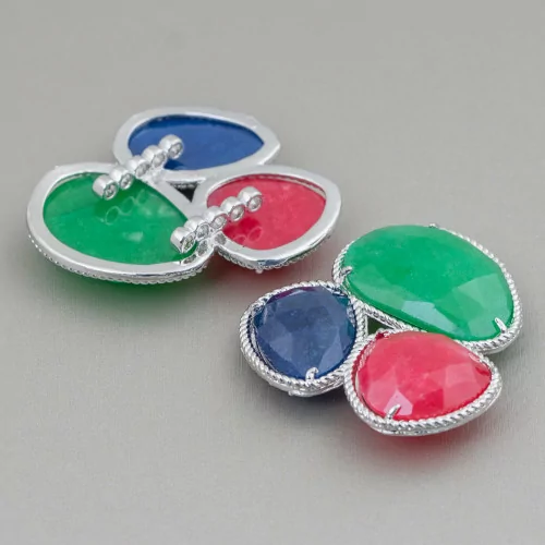 Central Component of 3-Piece Semi-precious Stones with Brass Base 42x45mm Rhodium-Plated Green, Red, Blue