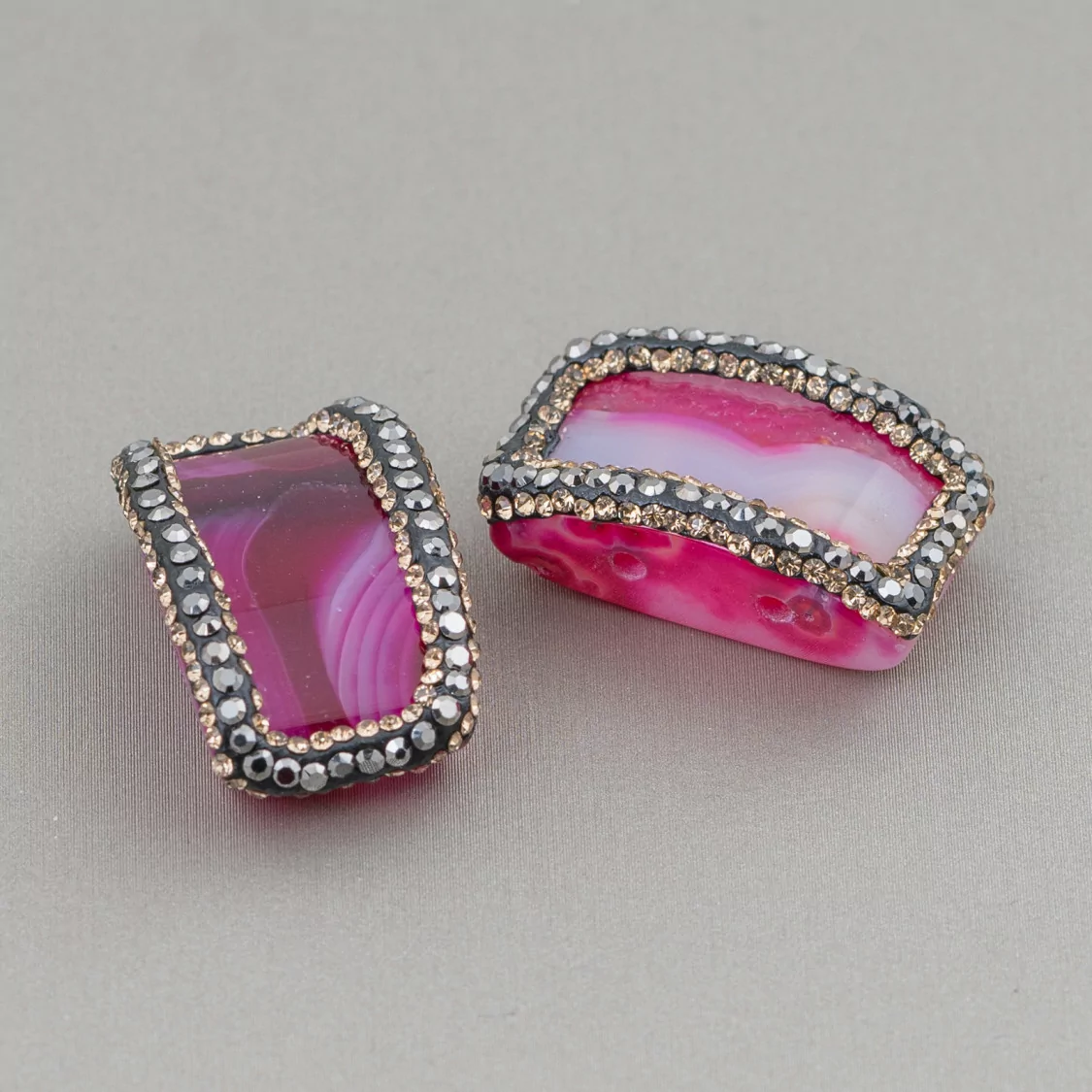 Componente Di Agata Con Marcasite Strass 2pz 16x26mm Fucsia-COMPONENTI DI PIETRE DURE | Worldofjewel.com