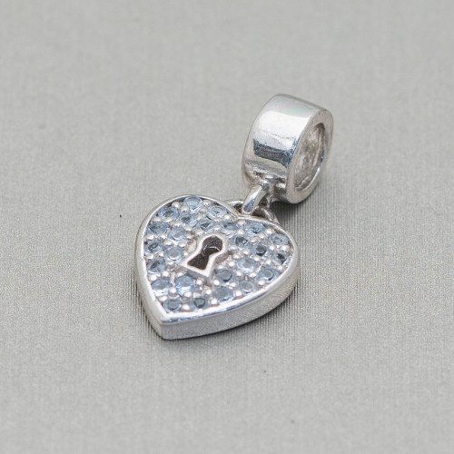 Componente Di Argento 925 Con Zirconi Charms Cuore 10mm 3pz Rodiato Azzurro