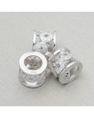 Componente Di Argento 925 Con Zirconi Distanziatore Foro Largo Rondella Cilindro 10x8mm 4pz Rodiato-CONNETTORI PAVE' | Worldofjewel.com