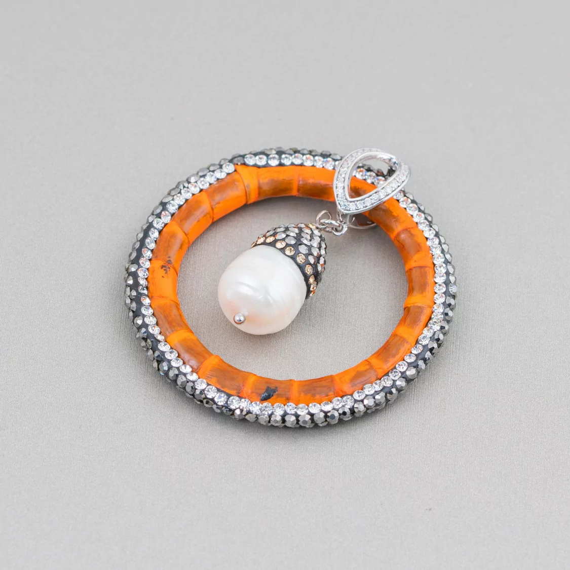 Componente Intramezzo Di SimilPelle Di Perle Di Fiume Con Marcasite Strass 45mm Arancio-COMPONENTI DI SIMILPELLE | Worldofjewel.com