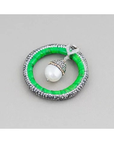 Componente Intramezzo Di SimilPelle Di Perle Di Fiume Con Marcasite Strass 45mm Verde-COMPONENTI DI SIMILPELLE | Worldofjewel.com