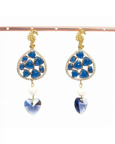 Orecchini A Perno Di Argento 925 Con Occhio Di Gatto Zirconato E Perle 25x70mm Blu-ARGENTO 925 CRYSTAL | Worldofjewel.com