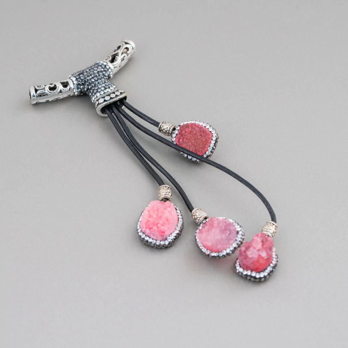 Componente Pendente Di Marcasite Strass Con Perline Di Pietre Dure 110mm 1pz MOD3-COMPONENTI DI SIMILPELLE | Worldofjewel.com