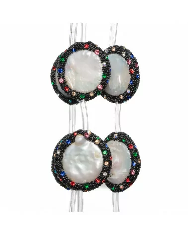 Perline A Filo Connettore Di Perle Di Fiume Tondo Piatto 25mm Bordato Con Strass Multicolor 10pz-PERLINE CON MARCASITE STRASS | Worldofjewel.com