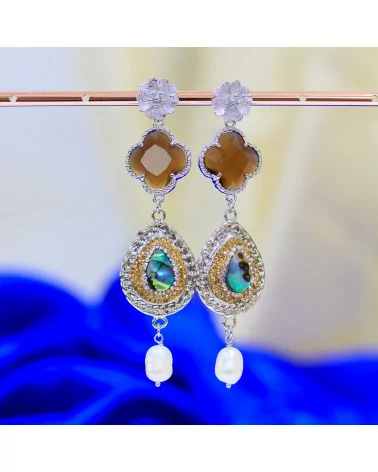 Orecchini A Perno Di Bronzo Con Occhio Di Gatto E Marcasite Strass Con Abalone E Perle Di Fiume-BRONZO CRYSTAL | Worldofjewel.com