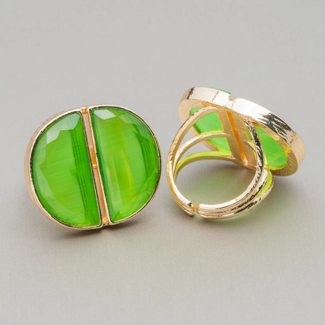 Anello Di Bronzo Con Occhio Di Gatto Doppia Mezzaluna 25x28mm Misura Regolabile Verde Chiaro-ANELLI BRONZO E OCCHIO DI GATTO | Worldofjewel.com