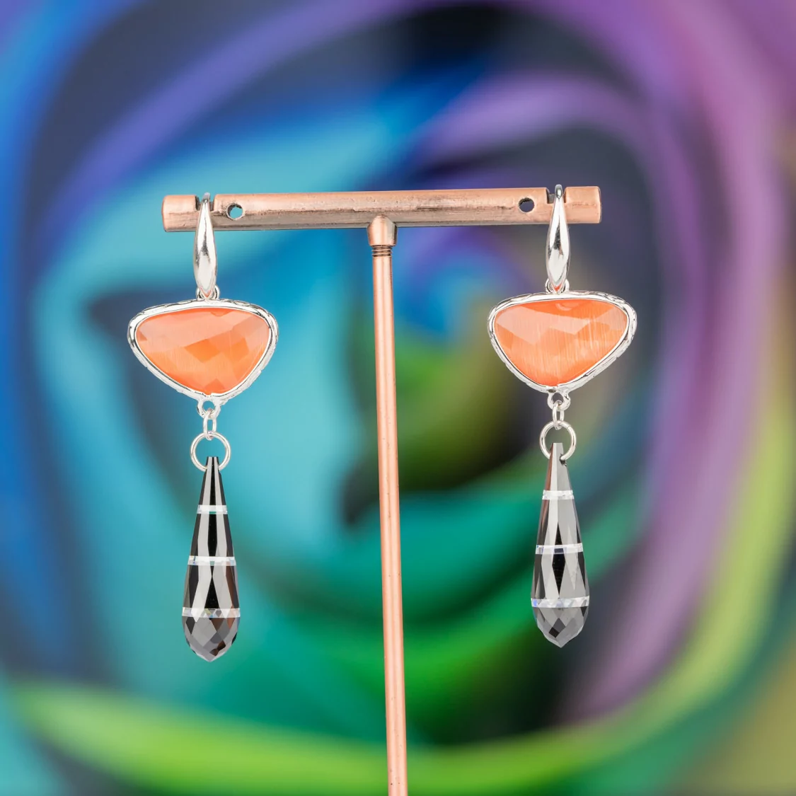 Orecchini A Monachella Di Argento 925 Con Componente Di Bronzo Con Occhi Di Gatto E Zirconi A Goccia 20x64mm Arancio-ARGENTO 925 DESIGN ITALY | Worldofjewel.com