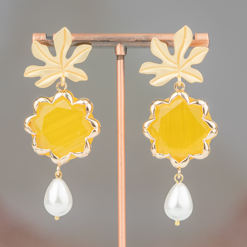 Pendientes de Bronce con Flor Ojo de Gato y Perlas Mallorquinas 30x68mm Amarillo