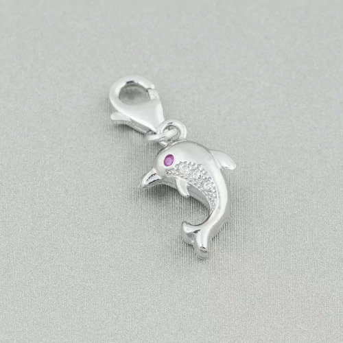 925 Silver Pendant With Carabiner And Zircons 9x15mm 4pcs Dolphin