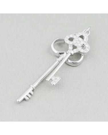 Ciondolo Pendente Di Argento 925 Con Zirconi Doppia Chiave 13x38mm 2pz Rodiato-ARGENTO 925 DESIGN ITALY | Worldofjewel.com