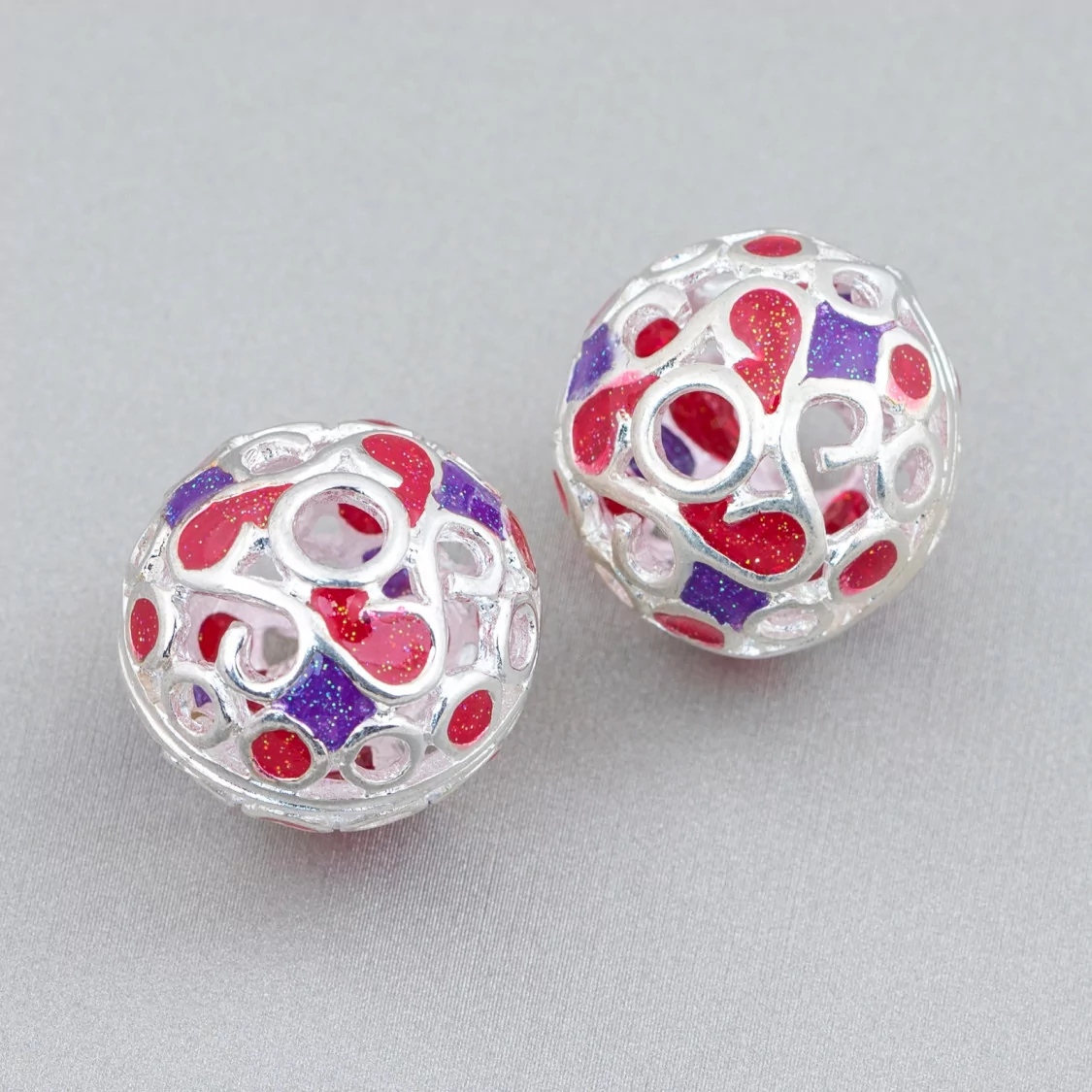 Componente Connettore Perline Di Ottone Smaltato Sfera 19x16mm 6pz Argentato Rosso E Viola-PERLINE SMALTATE | Worldofjewel.com