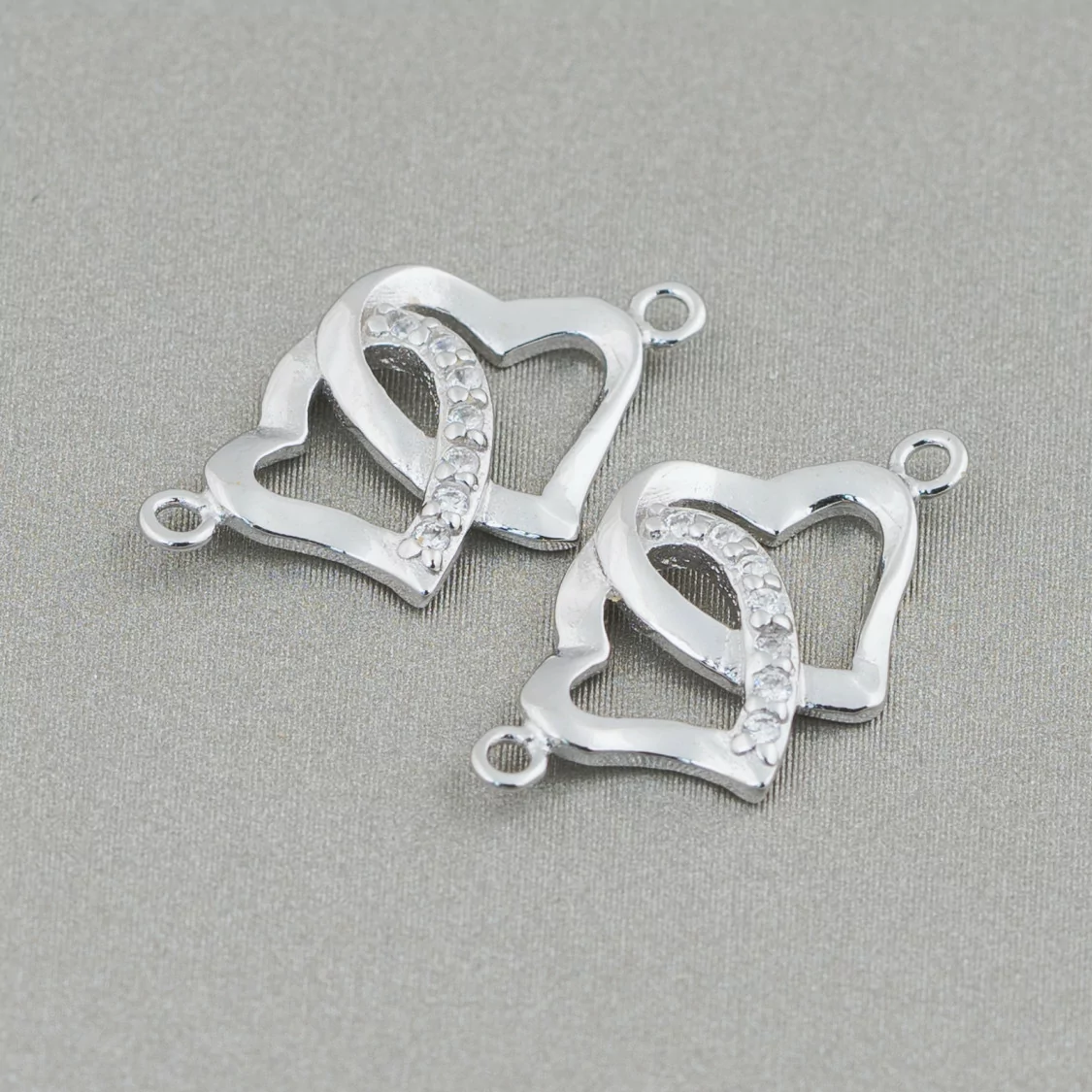 Connettore Componente Di Argento 925 Con Zirconi Con 2 Anellini Doppio Cuore 10pz-CONNETTORI CON STRASS | Worldofjewel.com