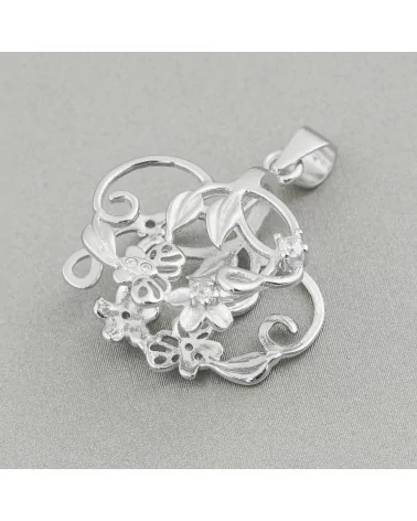 Gancio Per Pendente Di Argento 925 Con Zirconi Fiori E Farfalle 22x25mm 2pz Rodiato Bianco-BASI PER PENDENTI | Worldofjewel.com