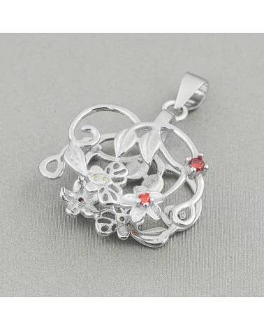 Gancio Per Pendente Di Argento 925 Con Zirconi Fiori E Farfalle 22x25mm 2pz Rodiato Rosso-BASI PER PENDENTI | Worldofjewel.com