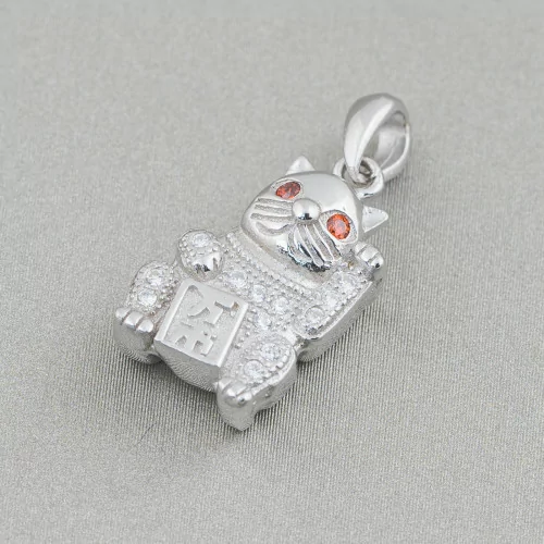 Pendant Pendant Of 925 Silver With Zircons Lucky Cat 10x23mm 2pcs Rhodium Plated