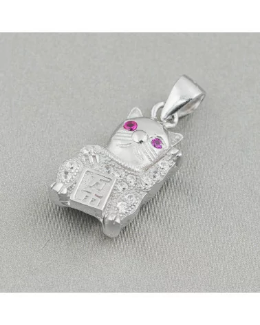 Pendente Ciondolo Di Argento 925 Con Zirconi Gatto Portafortuna 10x23mm 2pz Rodiato Ruby-ARGENTO 925 DESIGN ITALY | Worldofjewel.com