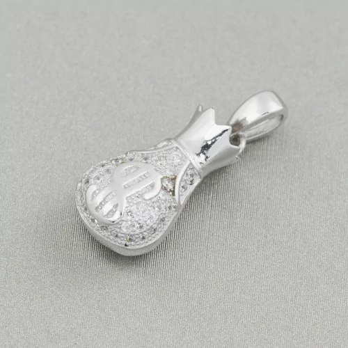 925 Silver Pendant With Zircons Money Bag 09x22mm 2pcs Rhodium Plated