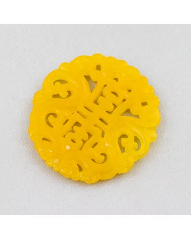 Componente Di Giada Burma Inciso Piastra 1pz Tondo 48mm Giallo-COMPONENTI DI GIADA BURMA | Worldofjewel.com