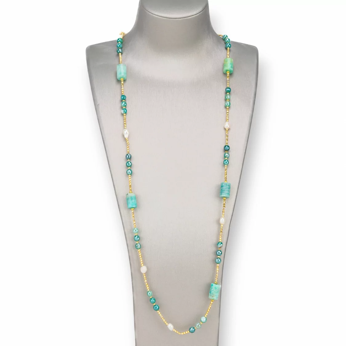 Collana Bijoux Con Perle Di Fiume, Ematite, Pietre Dure Annodate 90cm Amazzonite-DESIGN ITALY | Worldofjewel.com