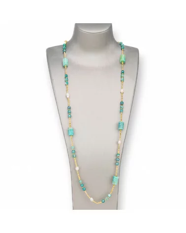 Collana Bijoux Con Perle Di Fiume, Ematite, Pietre Dure Annodate 90cm Amazzonite-DESIGN ITALY | Worldofjewel.com