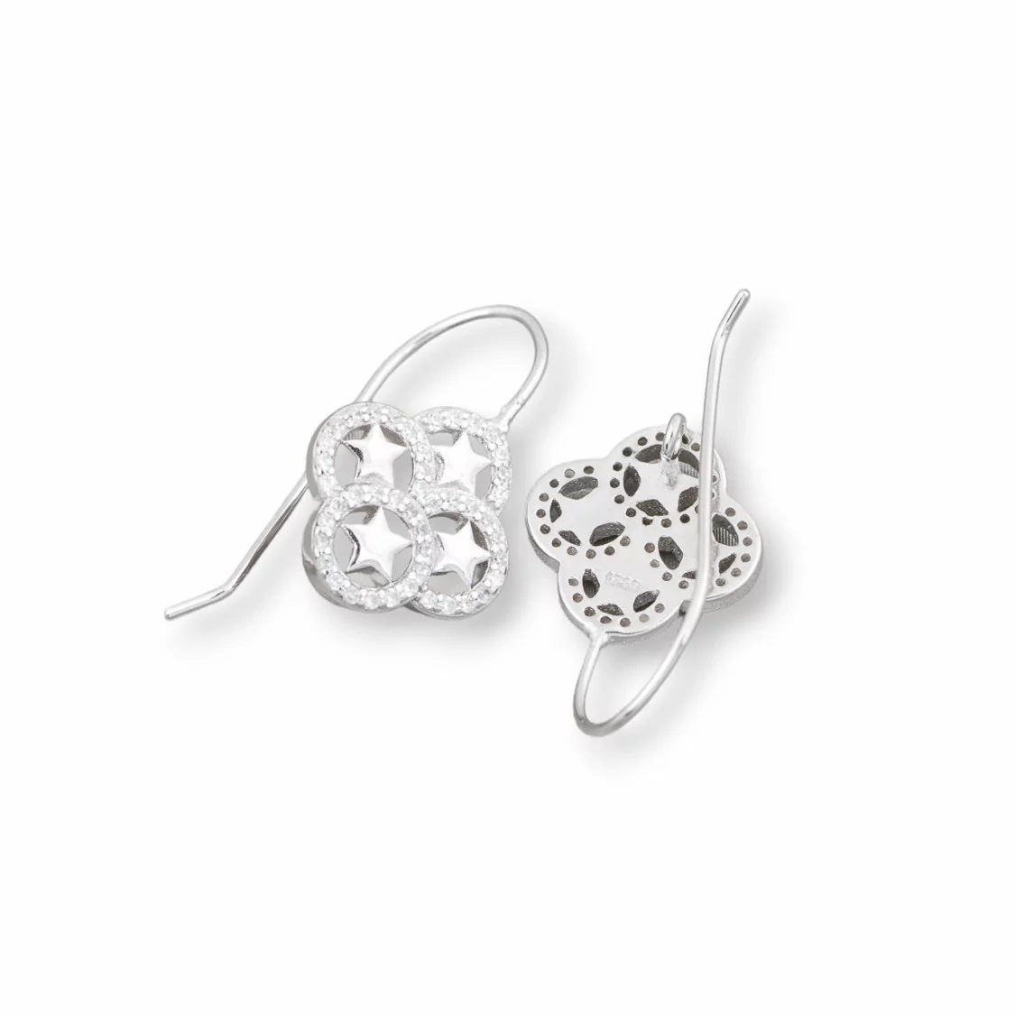 Base Per Orecchini Di Argento 925 A Monachella Quadrifoglio Con Stelle Filigrana 13mm 2 Paia Rodiato-BASI DI ARGENTO 925 | Worldofjewel.com