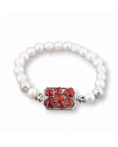 Bracciale Di Perle Di Fiume Potato 7,5-8,0mm Con Ematite E Centrale In Bronzo Con Occhio Di Gatto Rodiato Rosso-BRACCIALI DI PIETRE E PERLE | Worldofjewel.com